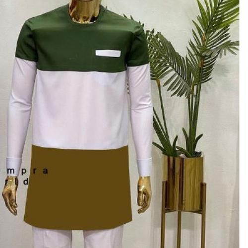 Men's Senator Native Wear (White With Green Block Design Long Sleeve)