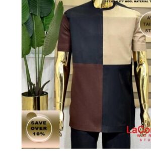 Men's Senator Native Wear Dark Navy Blue With Light Brown And Brown Block Design Short Sleeve