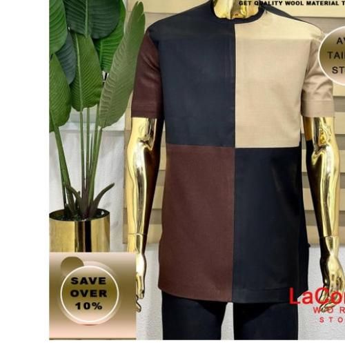Men's Senator Native Wear Dark Navy Blue With Light Brown And Brown Block Design Short Sleeve